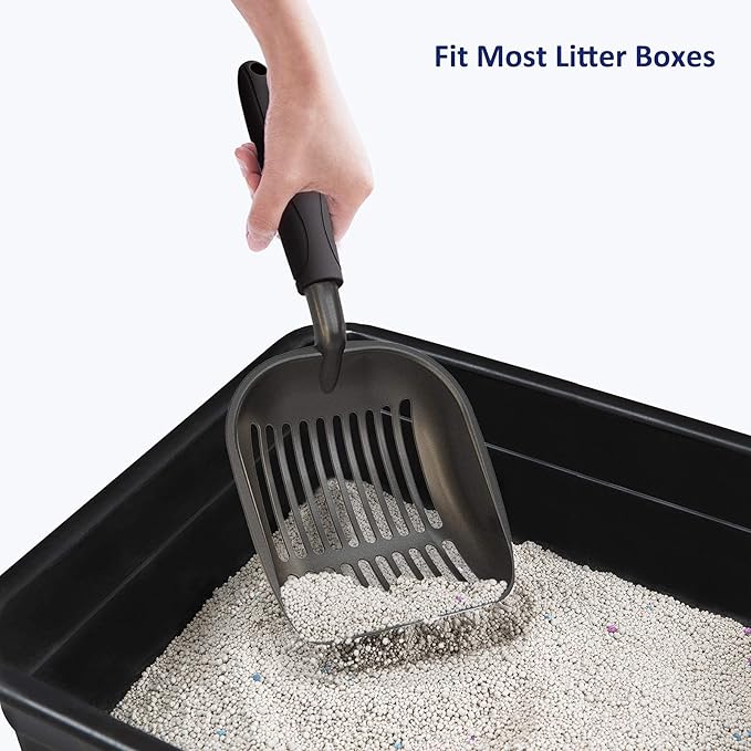 WePet Cat Litter Scoop, Non-Stick Plated Aluminum Alloy Sifter, Kitty Durable Metal Scooper, Deep Shovel, Long Handle, Kitten Pooper Lifter, Size Large, Coated Black Body with Black Handle