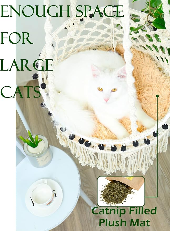 KARCEEY Macrame Cat Hammock - Hanging Cat Bed for Wall & Window - Boho Swing with Full Hardware Kit & Nip Toy - Stable Heavy Duty Design for Large & Senior Felines up to 60lbs