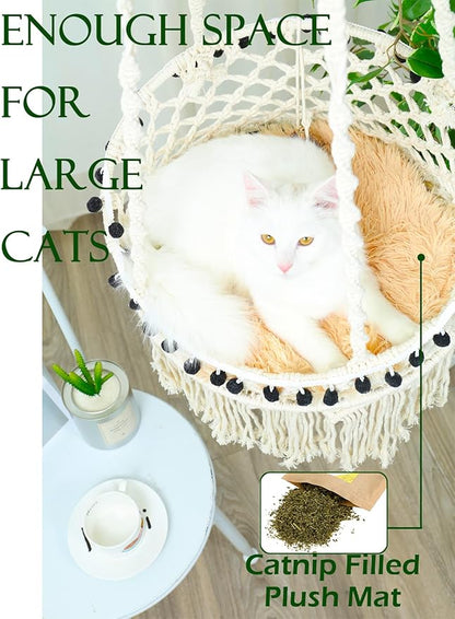 KARCEEY Macrame Cat Hammock - Hanging Cat Bed for Wall & Window - Boho Swing with Full Hardware Kit & Nip Toy - Stable Heavy Duty Design for Large & Senior Felines up to 60lbs