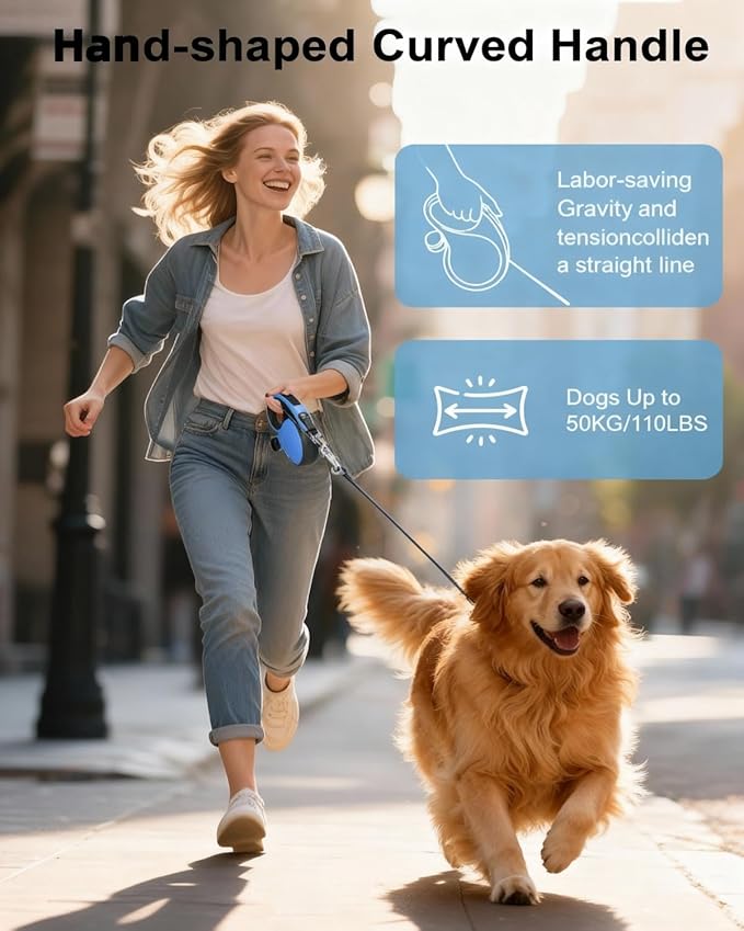 Heavy Duty Retractable Dog Leash 26ft - Tangle-Free 360° Design for Large Dogs Up to 110lbs, with One-Handed Brake & Lock, Anti-Slip Handle, Heavy-Duty Nylon Tape (Blue)