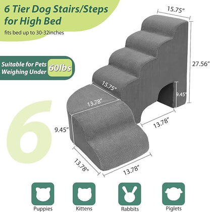 6 Tier Dog Stairs/Steps for High Bed, 27.5”H Non-Slip Pet Stairs Adjust to Left Side of Bed, Pet Steps for Small Dogs, Old Pets, and Injured Dogs, Gray
