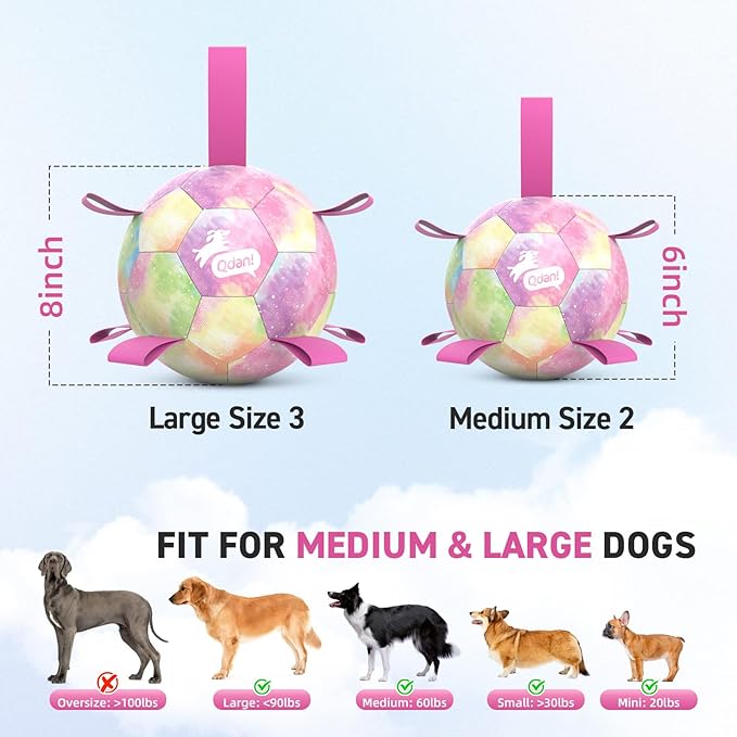 QDAN Dog Balls, Dog Soccer Ball with Straps, Pink Girl Puppy Toy Balls for Small Medium Dogs, Outdoor Water Pool Toys, Puppy Pet Birthday Gifts, Rainbow（6 Inch）