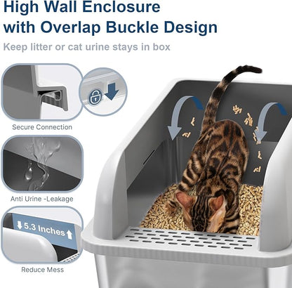 7" Deep Stainless Steel Sifting Litter Box for Pine Pellets, XL Stainless Steel Litter Box with Lid, Removable & Anti-Leakage, High Sides Metal Cat Litter Boxes for Big Cat, Non-Sticky, Easy Cleaning