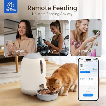 PAPIFEED Automatic Cat Feeder with App Control, 2.4G WiFi Auto Cat Food Dispenser, 3L Cat Feeder Automatic with Dual Power Supply, Easy-Clean Design for Cats & Small Dogs (Grey)