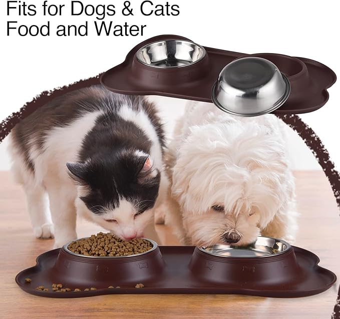 Dog Bowls 2 Stainless Steel Bowl for Pet Water and Food Feeder with Non Spill Skid Resistant Silicone Mat for Pets Puppy Small Medium Cats Dogs