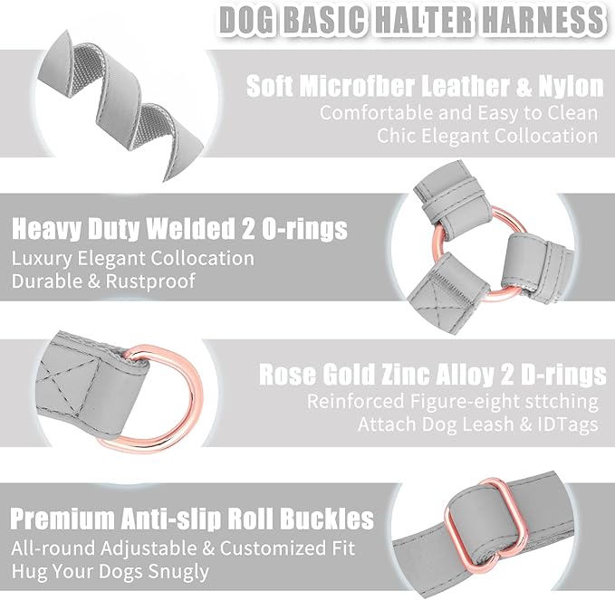 Soft Leather No Pull Dog Harness - Adjustable Step in Dog Harness with Rose Gold Heavy Duty Metal Buckle, Freedom Nylon Dog Halter Vests for Small Medium Large Dogs Easy Walking Training L, Grey