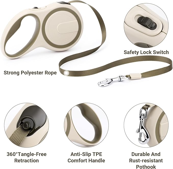 Segarty Retractable Leash Small Dog, 16ft Heavy Duty Walking Dog Leash for Medium Pet up to 44lb, Anti-Slip Handle 360°Tangle-Free Nylon Tape, One-Handed One Button Lock and Release (Khaki)