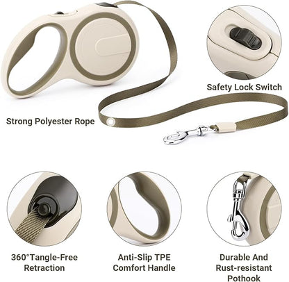 Segarty Retractable Leash Small Dog, 16ft Heavy Duty Walking Dog Leash for Medium Pet up to 44lb, Anti-Slip Handle 360°Tangle-Free Nylon Tape, One-Handed One Button Lock and Release (Khaki)