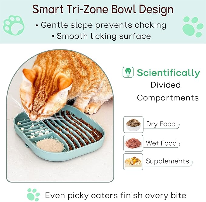 Slow Feeder Dog Bowl for Medium & Small Pets, Anti Choking Pets Slow Feeder with 3-Zone Puzzle Design, Wet Food Silicone Cat Bowl with Non-Slip Base, Dishwasher Microwave Safe(Blue, 1.5 Cup)
