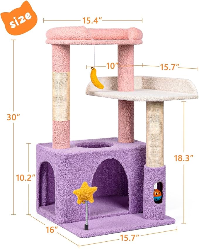 31" Cute Cat Tower for Indoor Kittens with Cat Condo, Plush Platform, Hammock, Sisal Scratching Posts, Dangling Ball, Tall Cat Tree Tower with Self-Grooming Brush (Moonlit Violet)