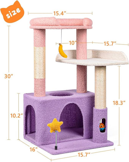 31" Cute Cat Tower for Indoor Kittens with Cat Condo, Plush Platform, Hammock, Sisal Scratching Posts, Dangling Ball, Tall Cat Tree Tower with Self-Grooming Brush (Moonlit Violet)