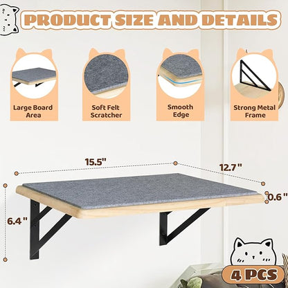Burlywood Cat Shelves: Set of 4 Wood Cat Furniture Indoors - Climbing Shelf with Wall Mounted Scratching Pad & Hammock for Big Cats