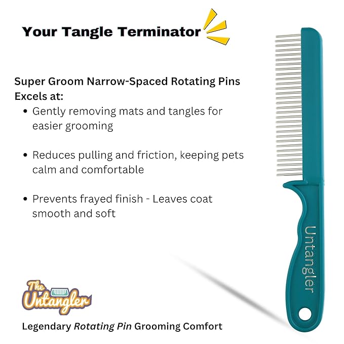 Super-Groom Combs with Smooth Rotating Teeth for Painless Mat Removal (30 Fine-Spaced Teeth, Teal Green)