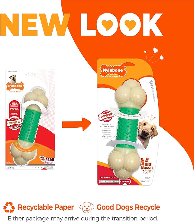 Nylabone Double Action Bone Power Chew Toy for Dogs, Dog Toys for Aggressive Chewers, Bacon Flavor, X-Large - 50+ lbs, 1 Count
