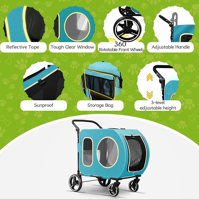 2025 Upgraded Dog Stroller for Large & Medium Dogs，Pet Stroller for 2 Small Dogs, Foldable Jogger Wagon with Detachable Carrier for Car Seat, Adjustable Handle, Up to 90 lbs, Blue