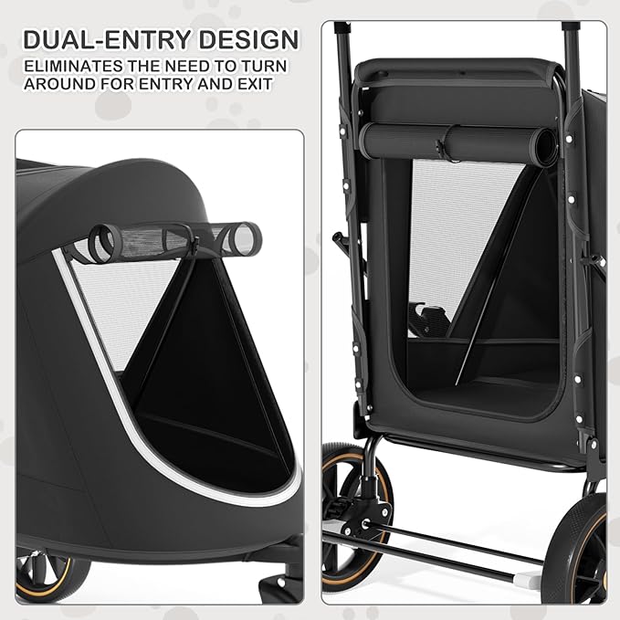 MoNiBloom Pet Stroller for Large Dogs or Multiple Dogs Cats with Adjustable Handle, 3-Wheels Dual Entry Portable Dog Carting Easy Folding Pet Wagon Double Dog Stroller up to 55 lbs, Black