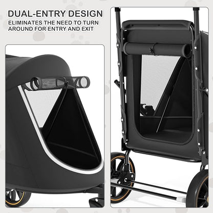 MoNiBloom Pet Stroller for Large Dogs or Multiple Dogs Cats with Adjustable Handle, 3-Wheels Dual Entry Portable Dog Carting Easy Folding Pet Wagon Double Dog Stroller up to 55 lbs, Black