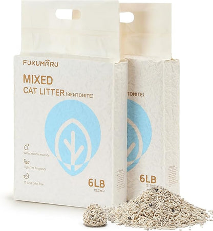 FUKUMARU Tofu Cat Litter, Strong Clumping Cat Litter Pellets, Effective Odor Control, Ultra Absorbent, Dust Free, Natural, Flushable, Lightweight, Low Tracking, White Tea, 6lb x 2 Bags