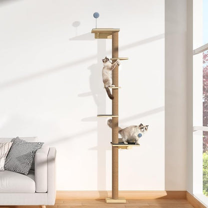 Tall Cat Tree Wall Mounted for Large Cats, 82 inch Scratching Post with Toys, Floor to Ceiling Cats Tower for Corner Area, Kitty Wall Shelf for Sleeping Playing Lounging Perching