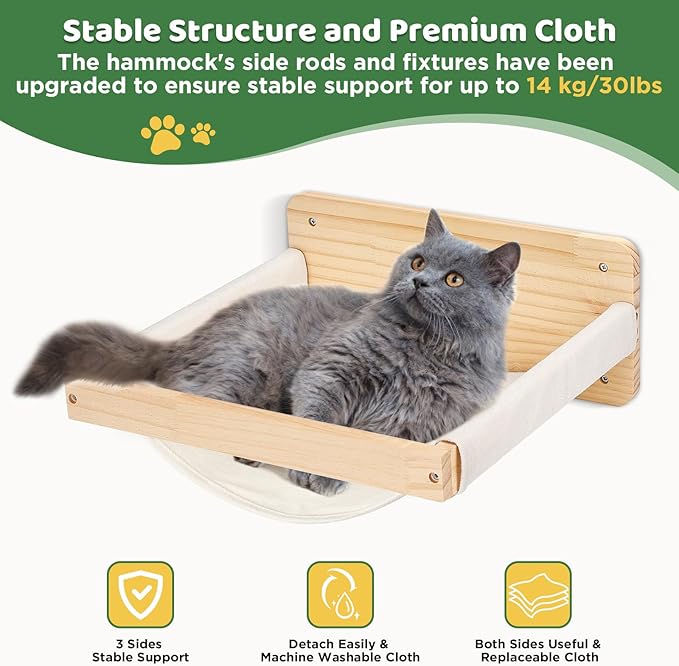 Cat Wall Shelves and Hammock Set, Cat Bridge Wall-Mounted with Climbing Steps and Sisal Roped Scratch Perch, Multi-Level Cats Walls Furniture Bed for Indoor Cats