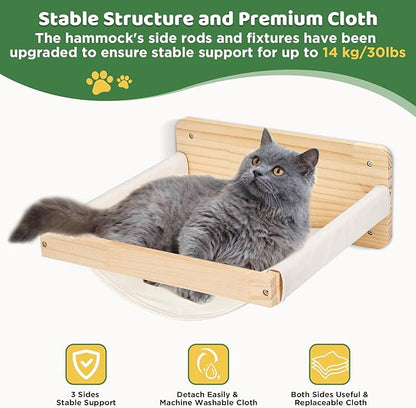 Cat Wall Shelves and Hammock Set, Cat Bridge Wall-Mounted with Climbing Steps and Sisal Roped Scratch Perch, Multi-Level Cats Walls Furniture Bed for Indoor Cats