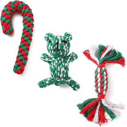 LUCKITTY Christmas Dog Rope Toy - 3-Piece Set - Candy Shape Crutch Design, Bear Shaped for Dogs Puppy - 7.87, 7.5, and 5 Inch - Red and Green