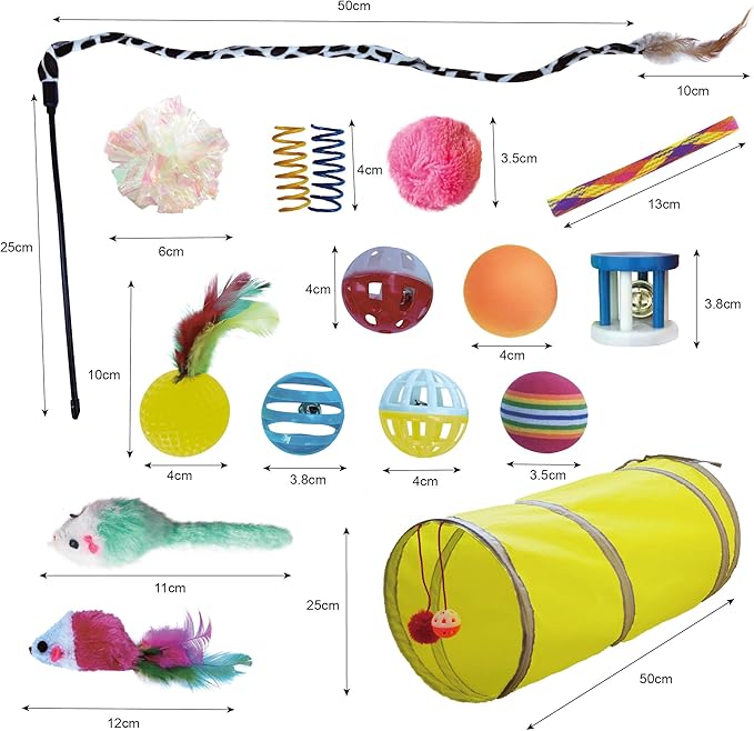 PetLike 25pcs Interactive Cat Toys Set Collapsible Cat Tunnel Interactive Feather Teaser Wand,Spring Toys & Balls for Indoor Cats (Green, 25x55cm)