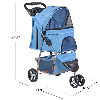 Foldable Pet Stroller for Cats and Dogs 3 Wheels Carrier Strolling Cart with Weather Cover, Storage Basket + Cup Holder (Blue)