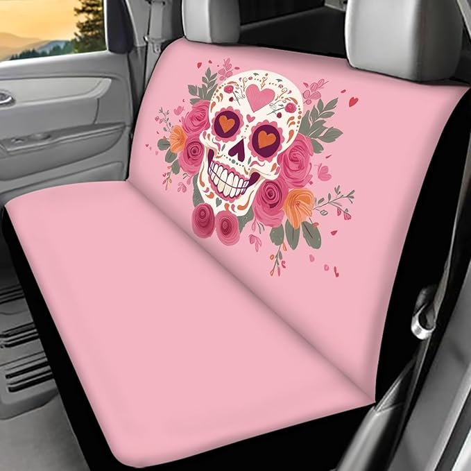 AFPANQZ Skull Flower Full Wrap Car Seat Covers Rear Bench Protection Cushion Backseat Mats Against Dirt & Pet Fur Dust-Proof Universal Car Accessories Decoration Set