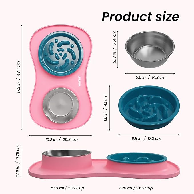 Slow Feeder Dog Bowls Stainless Steel Food and Water Bowl Set 3 in 1 No Spill Waterproof Silicone Pet Food Mat Puppy Feeding Station for Large Medium Small Breed Non Slip Metal Dish Tray by YINEYA