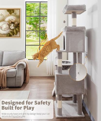 68 Inches Heavy Duty Cat Tree for Indoor Cat, Big Cat Tower with Sisal Scratching Posts and Top Perch, Large Platform for Adult Cats, PMT02GY, Grey