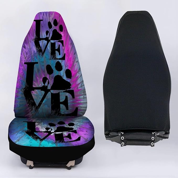 Universal Bucket Seats Cover Protector, 2 PCS Paw Print Waterproof Purple & Blue Tie Dye Auto Interior Accessory for Car Truck SUV