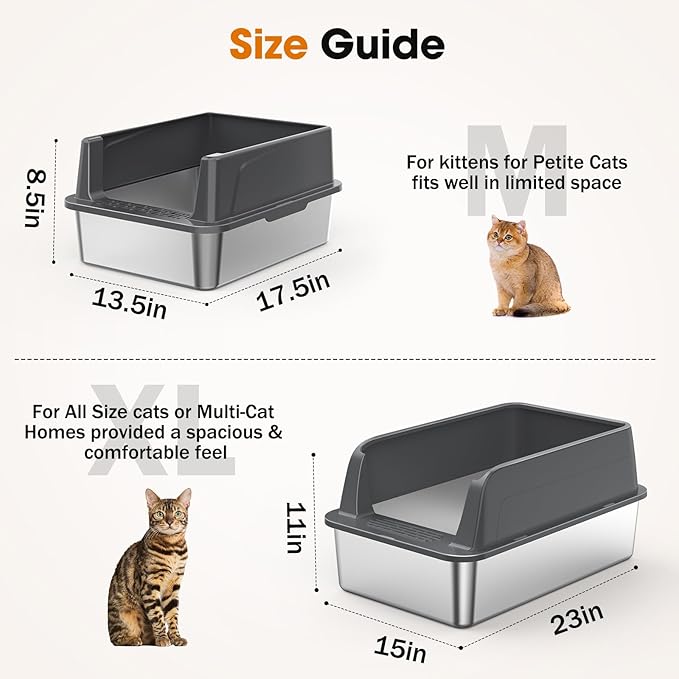 2PACK Stainless Steel Cat Litter Box with Lid, High-Sided Metal Litter Pan for Small Cats, Kitty Litter Box, Non-Stick & Odor-Resistant, Anti-Urine Leakage, Easy to Clean, Scoop Included