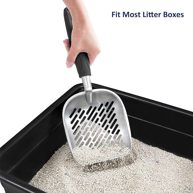 WePet Cat Litter Scoop, Aluminum Alloy Sifter, Kitty Metal Scooper, Deep Shovel with Diagonal Sifting Hole, Long Handle, Kitten Poop Lifter for Litter Box, Medium Size, Black Handle