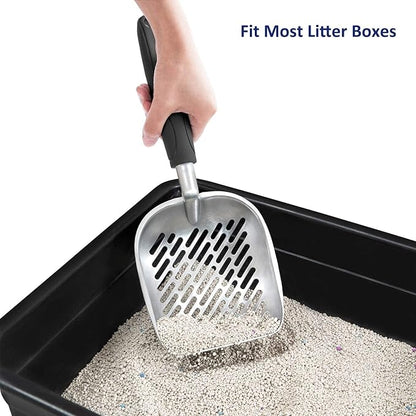 WePet Cat Litter Scoop, Aluminum Alloy Sifter, Kitty Metal Scooper, Deep Shovel with Diagonal Sifting Hole, Long Handle, Kitten Poop Lifter for Litter Box, Medium Size, Black Handle