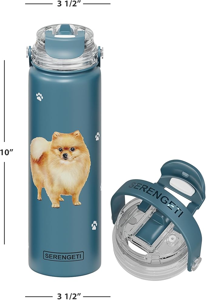 SERENGETI 24 Oz Water Bottle Stainless Steel with Spill Proof Lid - Double walled Vacuum Insulated water flask - Realistic 3D Print of your favorite dog (Pomeranian)