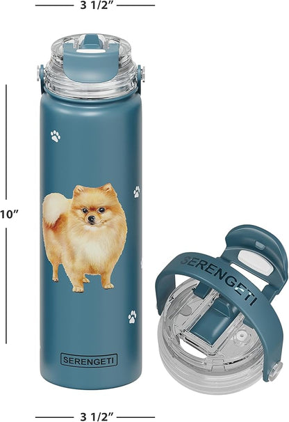SERENGETI 24 Oz Water Bottle Stainless Steel with Spill Proof Lid - Double walled Vacuum Insulated water flask - Realistic 3D Print of your favorite dog (Pomeranian)