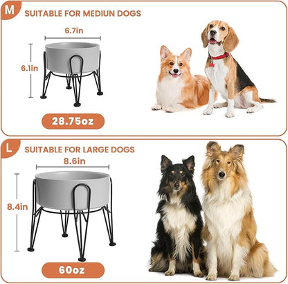 Elevated Dog Bowls, Ceramic Raised Dog Bowl Set with Anti-Slip and Non-Tip Metal Stand, 2 Pack Pet Food and Water Feeding Bowls for Small and Medium Dogs (Gray,3.6 Cups)