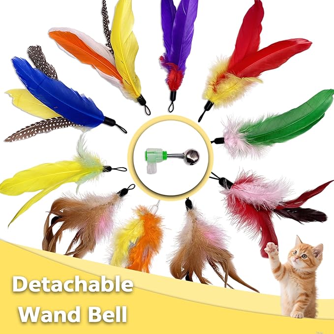 10 Pieces Cat Feather Toy Refills,Cat Wand Replacement Feathers Toys with Clip & Removable Bell,Wand Attachment Feather Toys for Indoor Cats (10 Pcs Feathers)