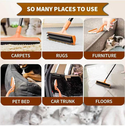 Carpet Rake for Pet Hair Removal - Reusable Dog & Cat Hair Remover with 58" Reinforced Steel Handle, 3-in-1 Professional Modular Rug Rake & Scraper Tool for Shag Rugs, Couch, Stairs (Orange)