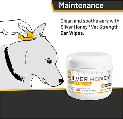 Silver Honey Rapid Ear Care Vet Strength Pet Wipes, 50ct, Manuka Honey & MicroSilver BG