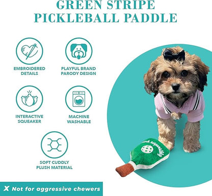 Haute Diggity Dog Green Stripe Pickleball Paddle, Plush Trendy Sporty Dog Toys with Interactive Squeaker, Stimulating Pet Enrichment, Machine-Washable & Safe Materials for All Breeds, One Size
