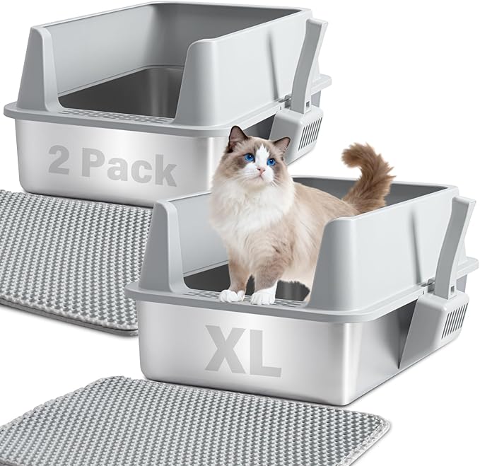 Stainless Steel Litter Box with Lid, XL Metal Litter Box 2 Pack, Extra Large Cat Litter Boxes for Big/Multiple Cats, Anti-Urine Leakage,No Smell, Non-Stick, Includes Scooper and Mat