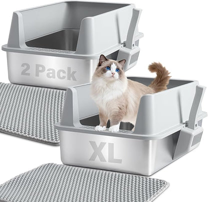 Stainless Steel Litter Box with Lid, XL Metal Litter Box 2 Pack, Extra Large Cat Litter Boxes for Big/Multiple Cats, Anti-Urine Leakage,No Smell, Non-Stick, Includes Scooper and Mat