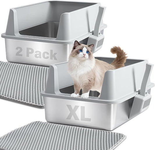 Stainless Steel Litter Box with Lid, XL Metal Litter Box 2 Pack, Extra Large Cat Litter Boxes for Big/Multiple Cats, Anti-Urine Leakage,No Smell, Non-Stick, Includes Scooper and Mat