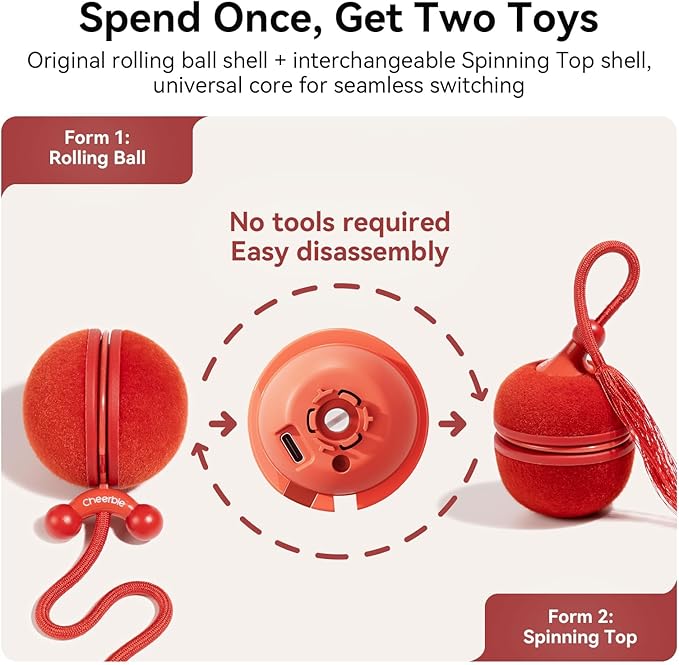 Cheerble 2 in 1 Interactive Cat Toys for Indoor Cats - Wicked Ball Duo2 Automatic Cat Toy, Dual Interchangeable Shells, Electric Moving Cat Ball with Tail & Chirping Sounds, Red