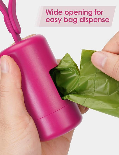 Gobeigo Dog Poop Bag Holder【Convenient Hook for Used Bags】【Silicone Strap Fits Any Leash】【Large Opening for Easy Dispensing】with 1 Roll Waste Bags (Hot Pink)