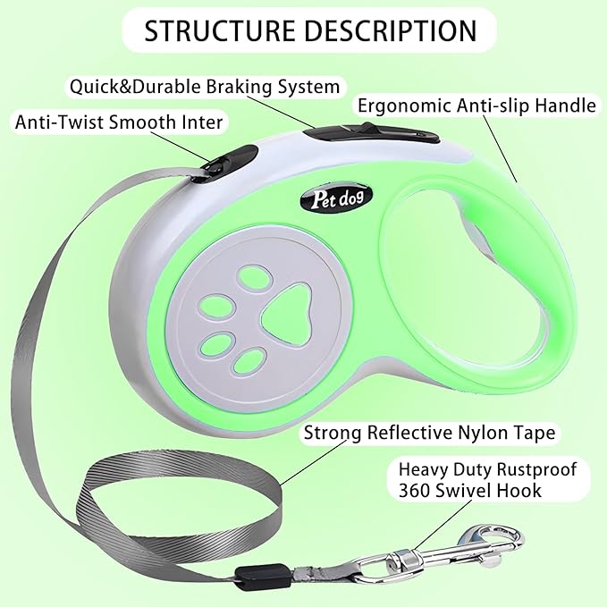 Retractable Dog Leash, VELIGOOD 5M/16FT Extendable Dog Lead with Strong Nylon Tape Tangle-Free One-Handed Brake, Pause, Lock for Small Medium Dogs (Green)