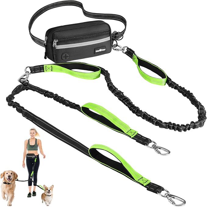 Hands Free Dog Leash for 2 Dogs with Pouch, Waist Leash for Dog Walking, Retractable Leashes with Dual Padded Handles, Adjustable Reflective Belt for Small Medium Large Dogs, Black Green