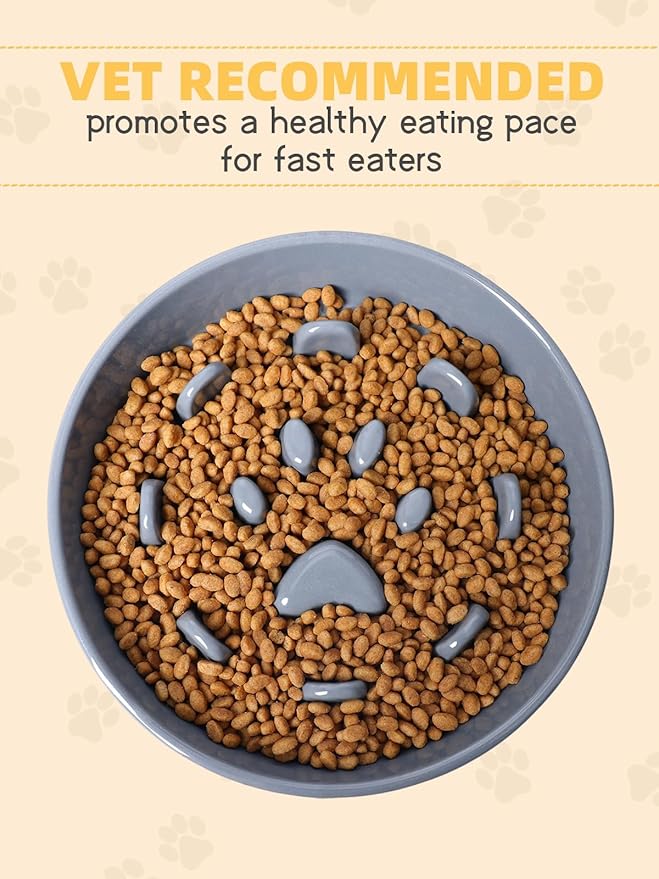 Dog Slow Feeder Bowl, Round Ceramic Pet Food Bowl for Medium Breed, Fun Raised Dog Bowls to Slow Down Eating (Grey)